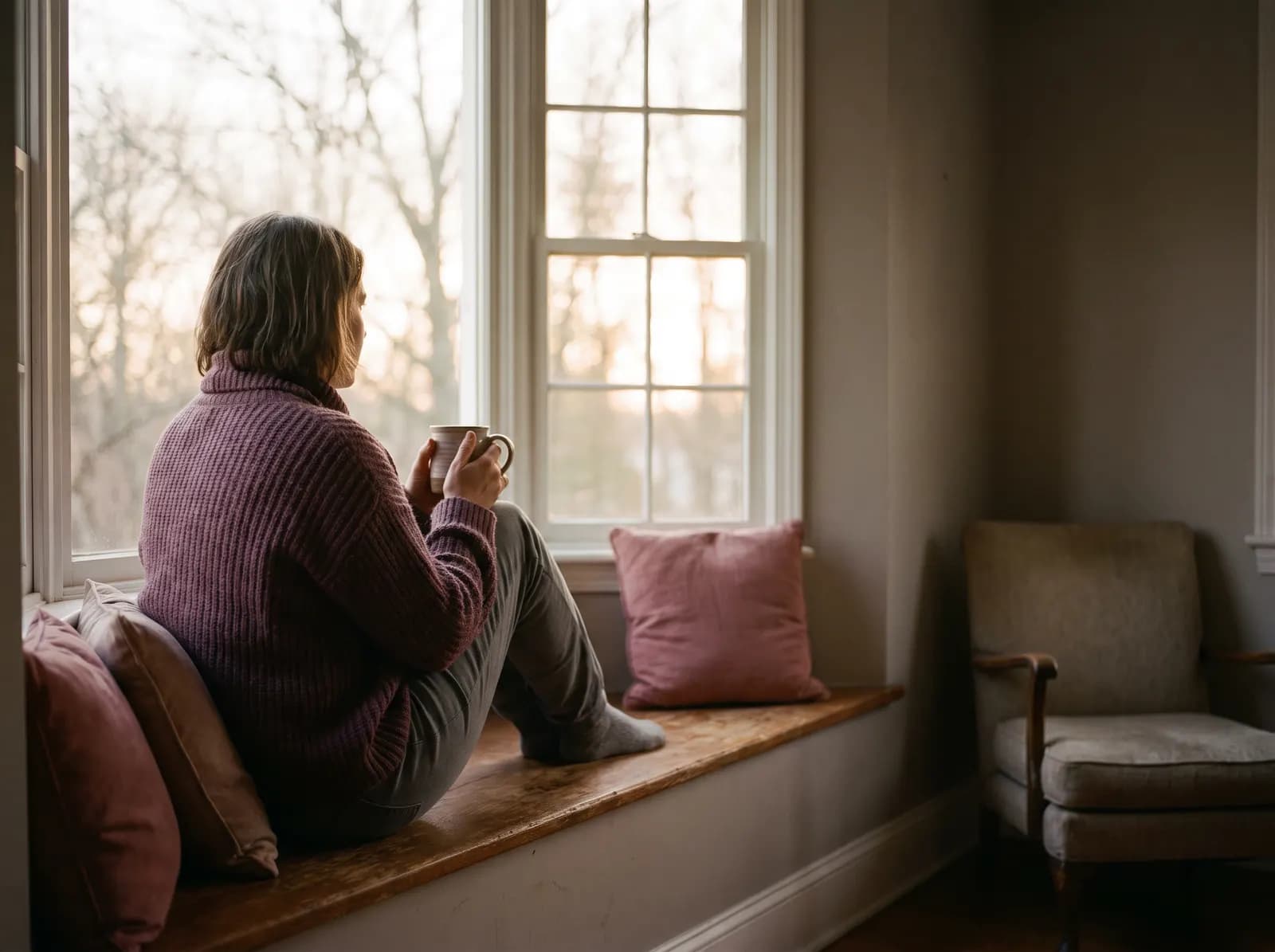 A woman sits alone on a window seat with a mug in her hands, looking out at the trees.